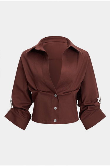 Button Ruched Short-Sleeve Shirt