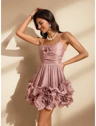 Naiya Spaghetti Flower Ruffle Mini Dress In Pink - 4