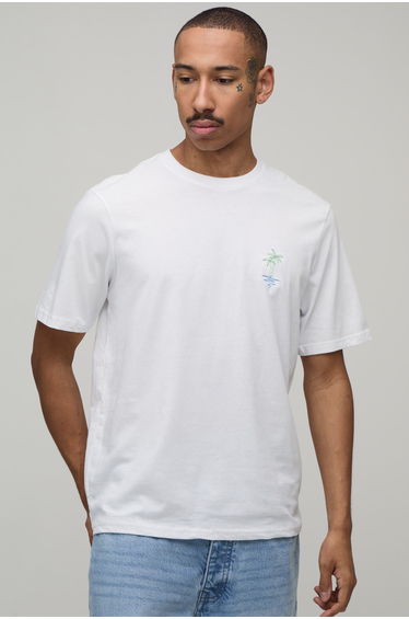 Regular Fit Palm Tree Embroidered T-Shirt - white