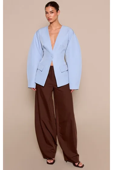 Pale Blue Cocoon Sleeve Cinched Waist Pocket Blazer
