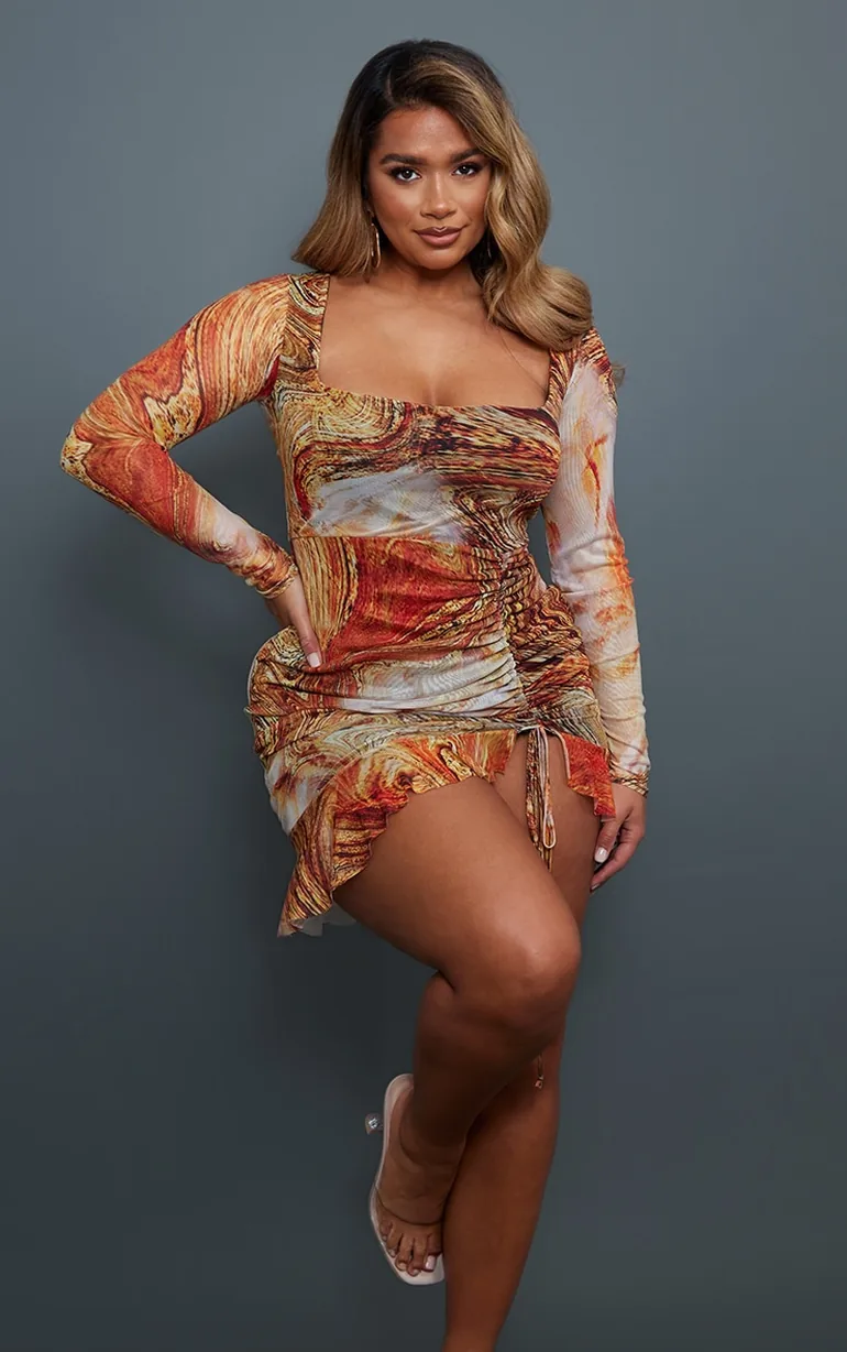 Shop Shape Orange Swirl Print Mesh Long Sleeve Ruched Side Frill Hem Bodycon Dress Online in Oman Shop Shape Orange Swirl Print Mesh Long Sleeve Ruched Side Frill Hem Bodycon Dress Online in Oman