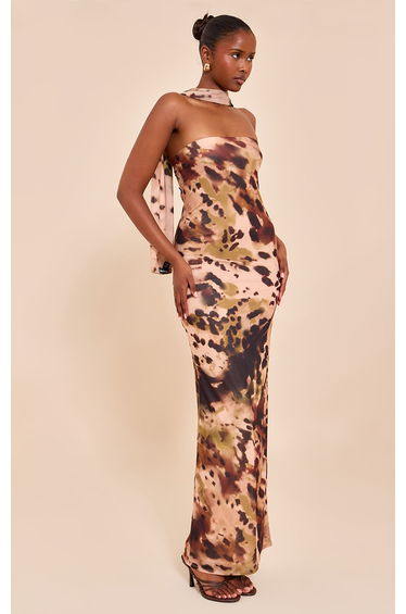 Pink Printed Bandeau Scarf Detail Maxi Dress
