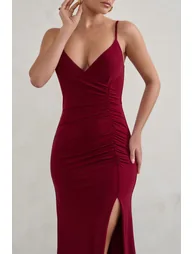 Jeanne | Berry Red Plunge Ruched Cami Maxi Dress With Split - 2
