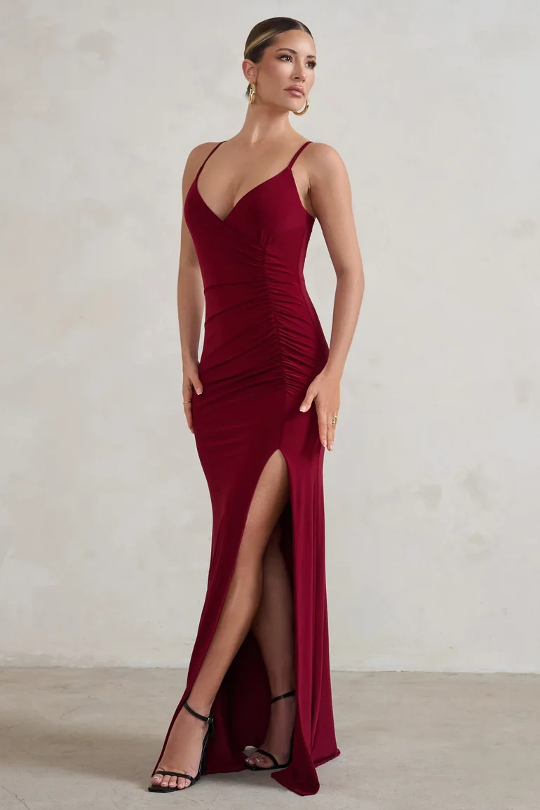 Jeanne | Berry Red Plunge Ruched Cami Maxi Dress With Split - 4