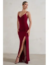 Jeanne | Berry Red Plunge Ruched Cami Maxi Dress With Split - 4