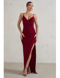 Jeanne | Berry Red Plunge Ruched Cami Maxi Dress With Split