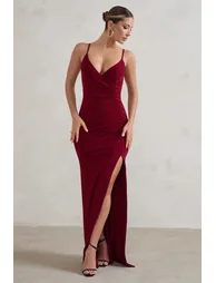 Jeanne | Berry Red Plunge Ruched Cami Maxi Dress With Split - 3