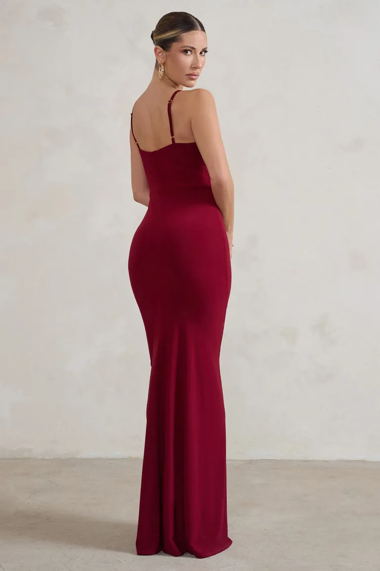 Jeanne | Berry Red Plunge Ruched Cami Maxi Dress With Split - 1