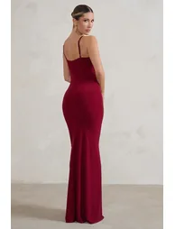 Jeanne | Berry Red Plunge Ruched Cami Maxi Dress With Split - 1