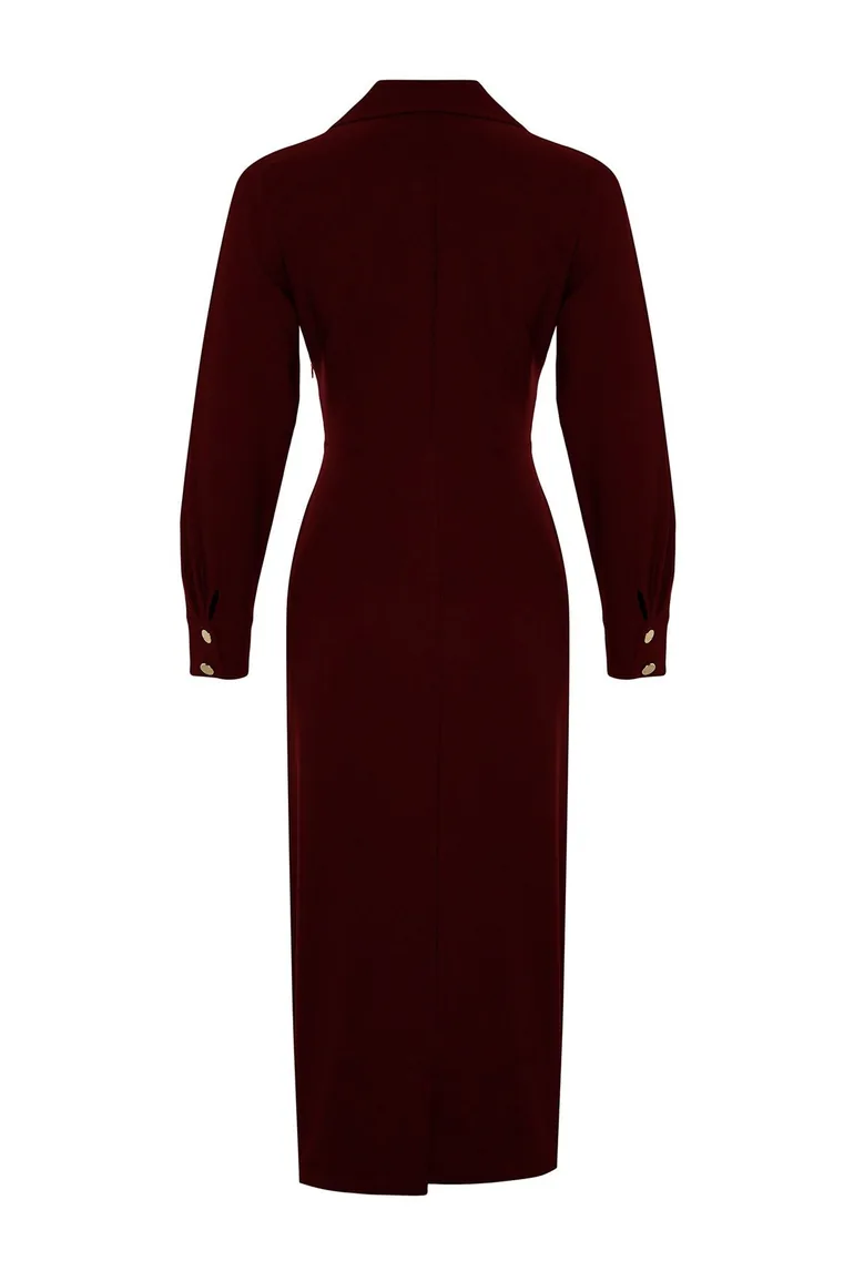 Burgundy Double Breasted Collar with Gold Button Detail Woven Dress Trendyol Modest Red : Day Dresses : VogaCloset Oman Burgundy Double Breasted Collar with Gold Button Detail Woven Dress Trendyol Modest Red : Day Dresses : VogaCloset Oman