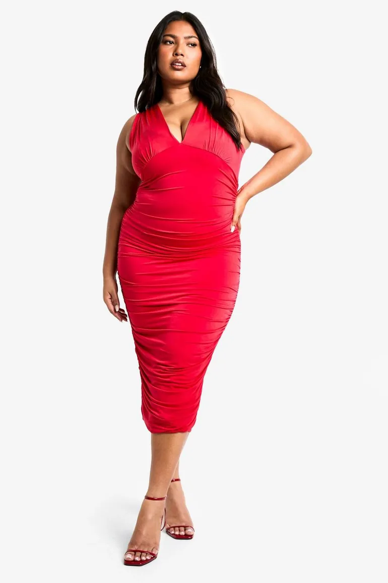 boohoo red dress midi Red Bengaline Corset Skater Midaxi Dress