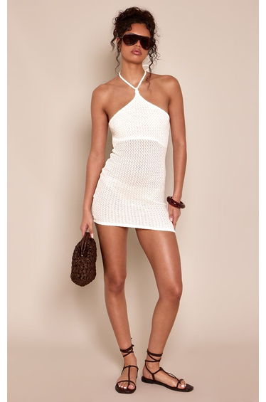 Cream Textured Halterneck Bodycon Mini Dress