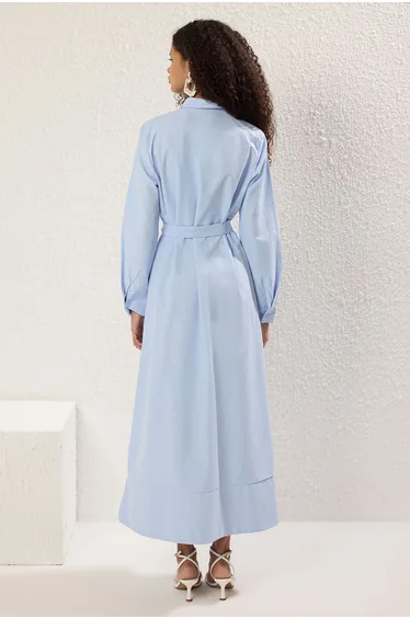 Light Blue Stone Accessory Detail Woven Shirt Dress TCTSS25EB00118