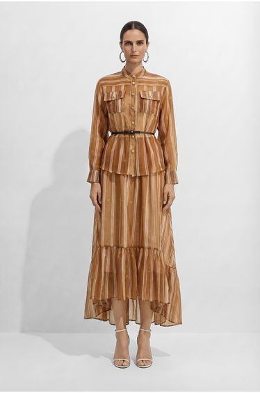 Somewhere With You Brown Striped Shirt & Skirt Set