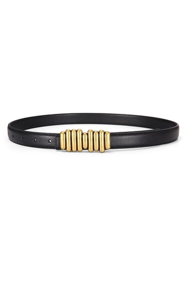 Golden Buckle Faux Leather Thin Belt in Black for Effortless Day & Casual Chic
