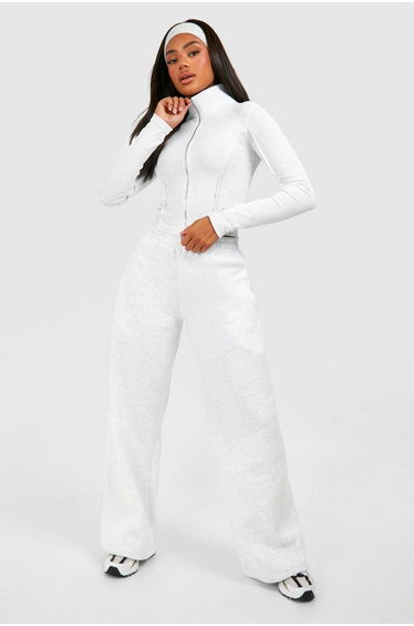 Rib Seam Detail Double Zip Top And Straight Leg Jogger Set - ash grey