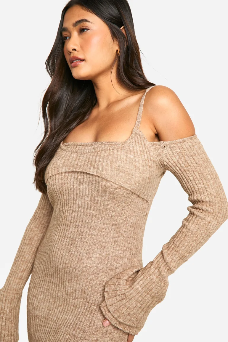 Rib Knit Bardot Halterneck Maxi Dress - 3
