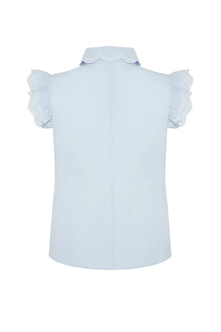 Blue Shoulder and Collar Embroidery Detail Woven Shirt - 6