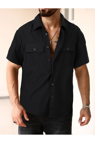 Men Black Short Sleeve Utility Shirt