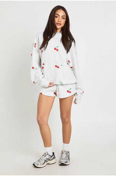 Cherry Print Hooded Short Tracksuit - ash grey