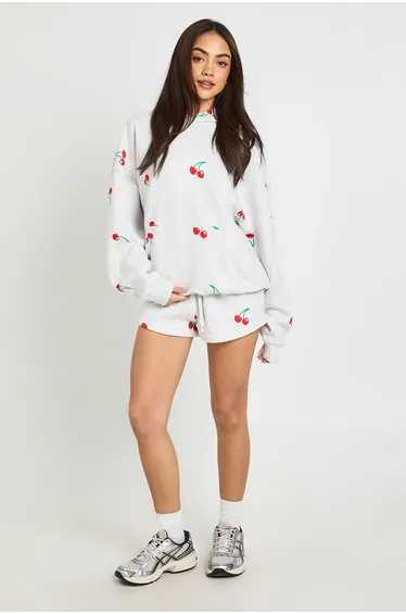 Cherry Print Hooded Short Tracksuit - ash grey
