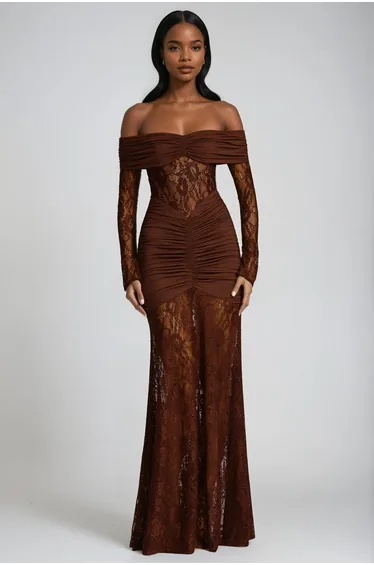 Darlene Strapless Ruch Lace Maxi Dress