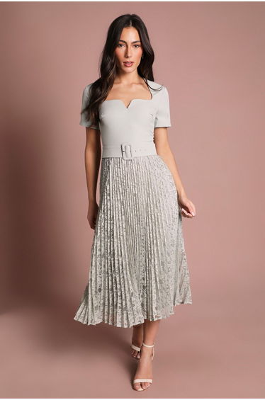Short Sleeve Crepe Midi Dress With Lace Pleated Skirt