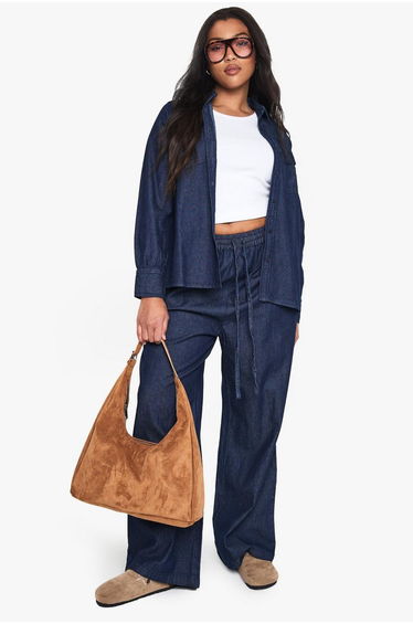 Plus Chambray Drawstring Wide Leg Trouser - indigo