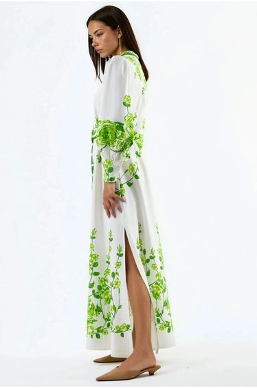 MSN Floral Long Sleeve Belted Maxi Dress with Mandarin Collar