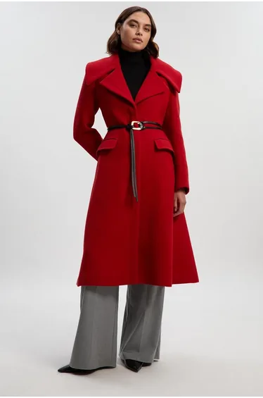 Wool Shawl Collar Belted Tailored Midi Coat