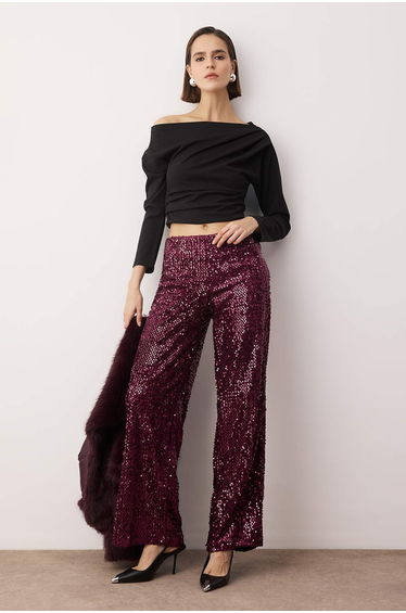 Plum plain knitted sequin chic/night pants
