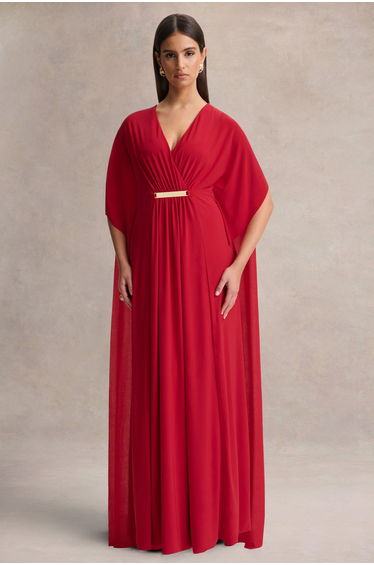 Romilly | Red Plunge-Neck Maxi Dress With Gathered Detail