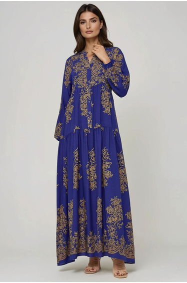 Printed Viscon Maxi Dress with Shirt Collar