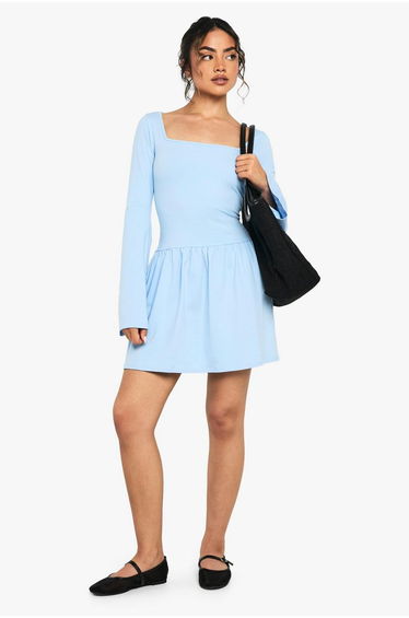 Square Neck Dropped Puff Ball Hem Mini Dress - powder blue