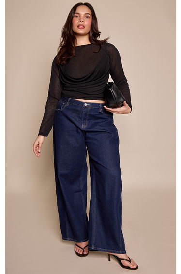 Plus Black Drape Detail Long Sleeve Top