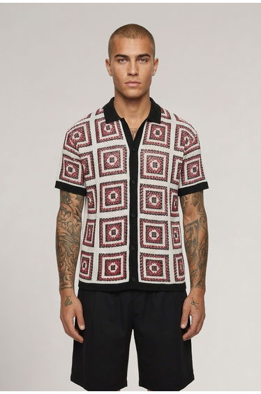 Relaxed Crochet Patch Tapestry Knitted Shirt - red