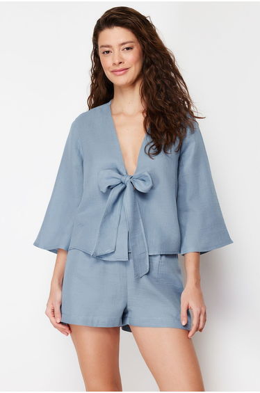 Blue Premium Muslin Tie Detailed Blouse-Shorts Woven Pajamas Set