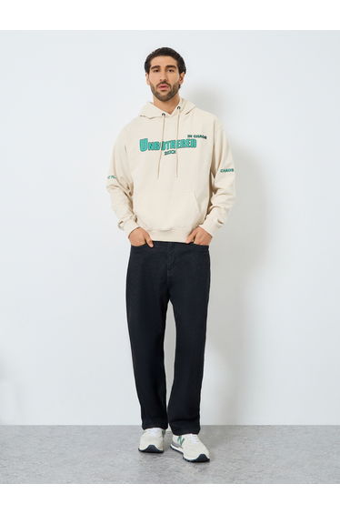 Men Cream Graphic Print Relaxed Fit Hoodie