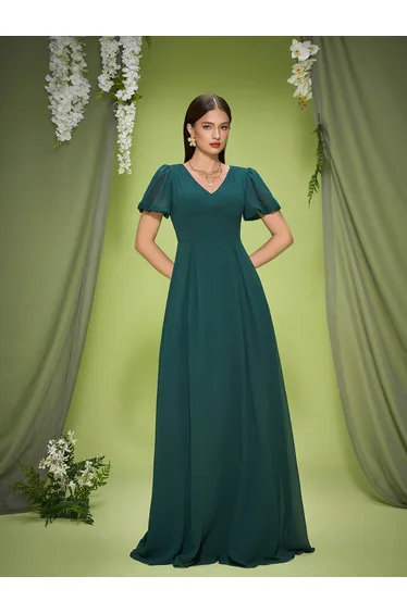 Leely Elegant V Neck Bishop Sleeve Evening Gown