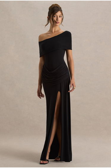 Dynasty | Black Asymmetric-Neck Maxi Dress With Ruched Detailing And Front High-Split