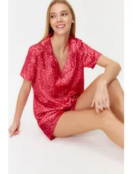 Pink Multi Color Leopard Pattern Satin Shirt-Shorts Woven Pajamas Set - 1