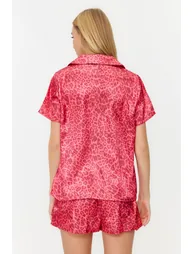 Pink Multi Color Leopard Pattern Satin Shirt-Shorts Woven Pajamas Set - 4