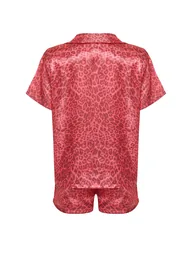 Pink Multi Color Leopard Pattern Satin Shirt-Shorts Woven Pajamas Set - 7