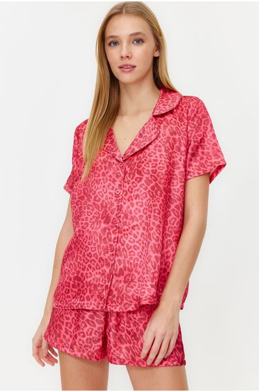 Pink Multi Color Leopard Pattern Satin Shirt-Shorts Woven Pajamas Set