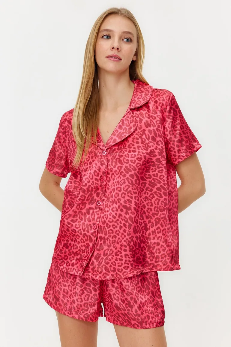 Pink Multi Color Leopard Pattern Satin Shirt-Shorts Woven Pajamas Set - 2