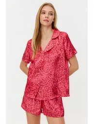 Pink Multi Color Leopard Pattern Satin Shirt-Shorts Woven Pajamas Set - 2