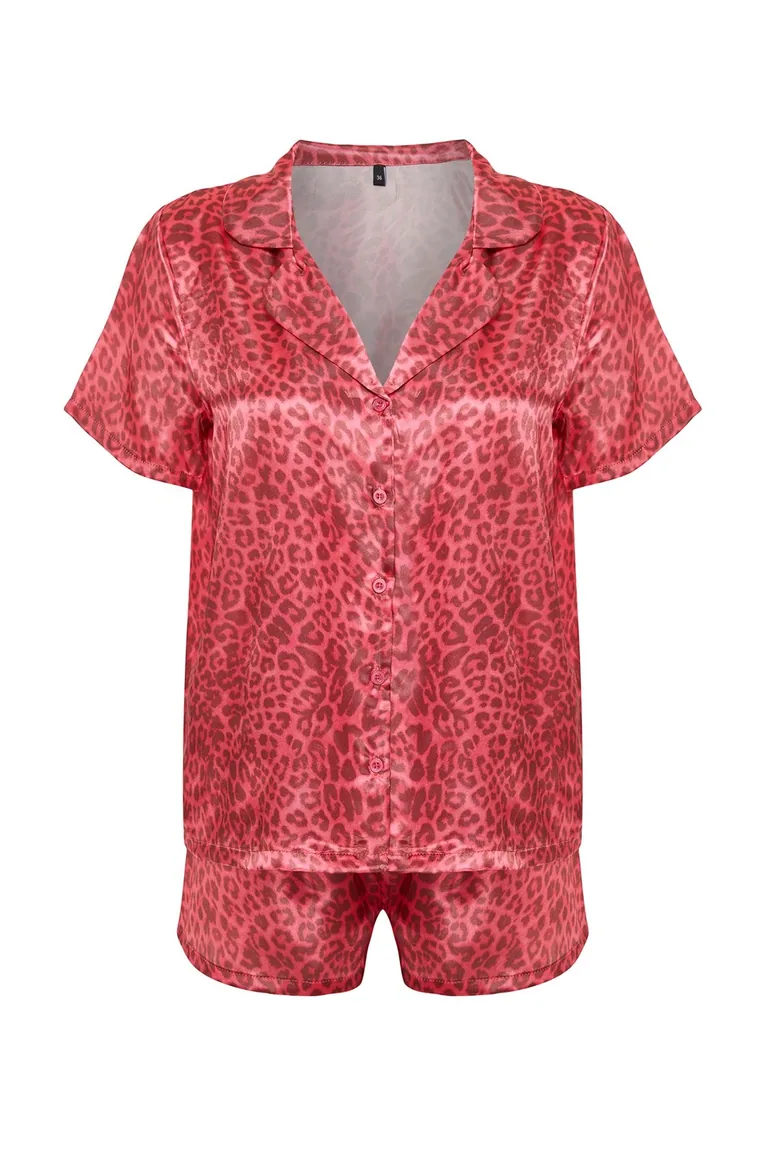 Pink Multi Color Leopard Pattern Satin Shirt-Shorts Woven Pajamas Set - 6