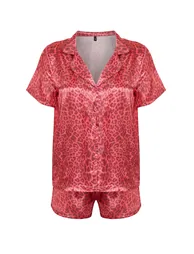 Pink Multi Color Leopard Pattern Satin Shirt-Shorts Woven Pajamas Set - 6