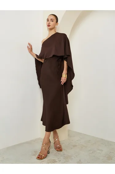 Brown One Shoulder Cape Detail Midi Dress