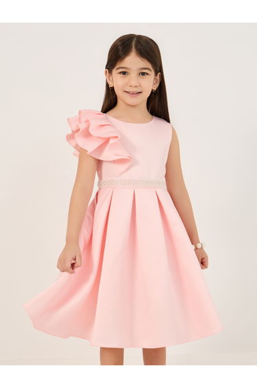 Solid One Ruffled Sleeve Dress with Embellished Tie-Up Belt